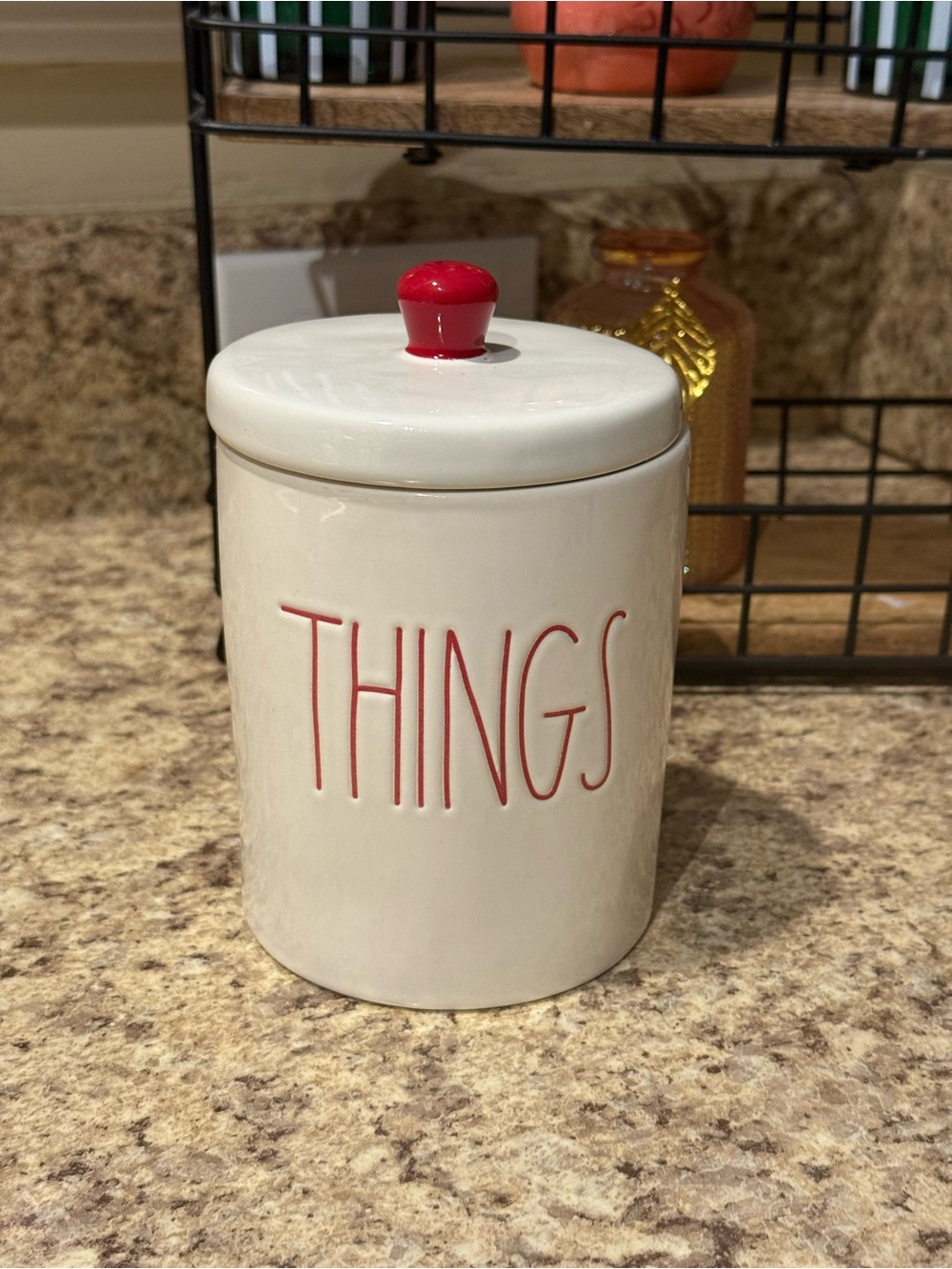 Rae Dunn THINGS Cream Ceramic Canister with Red Lettering and Red Knob
